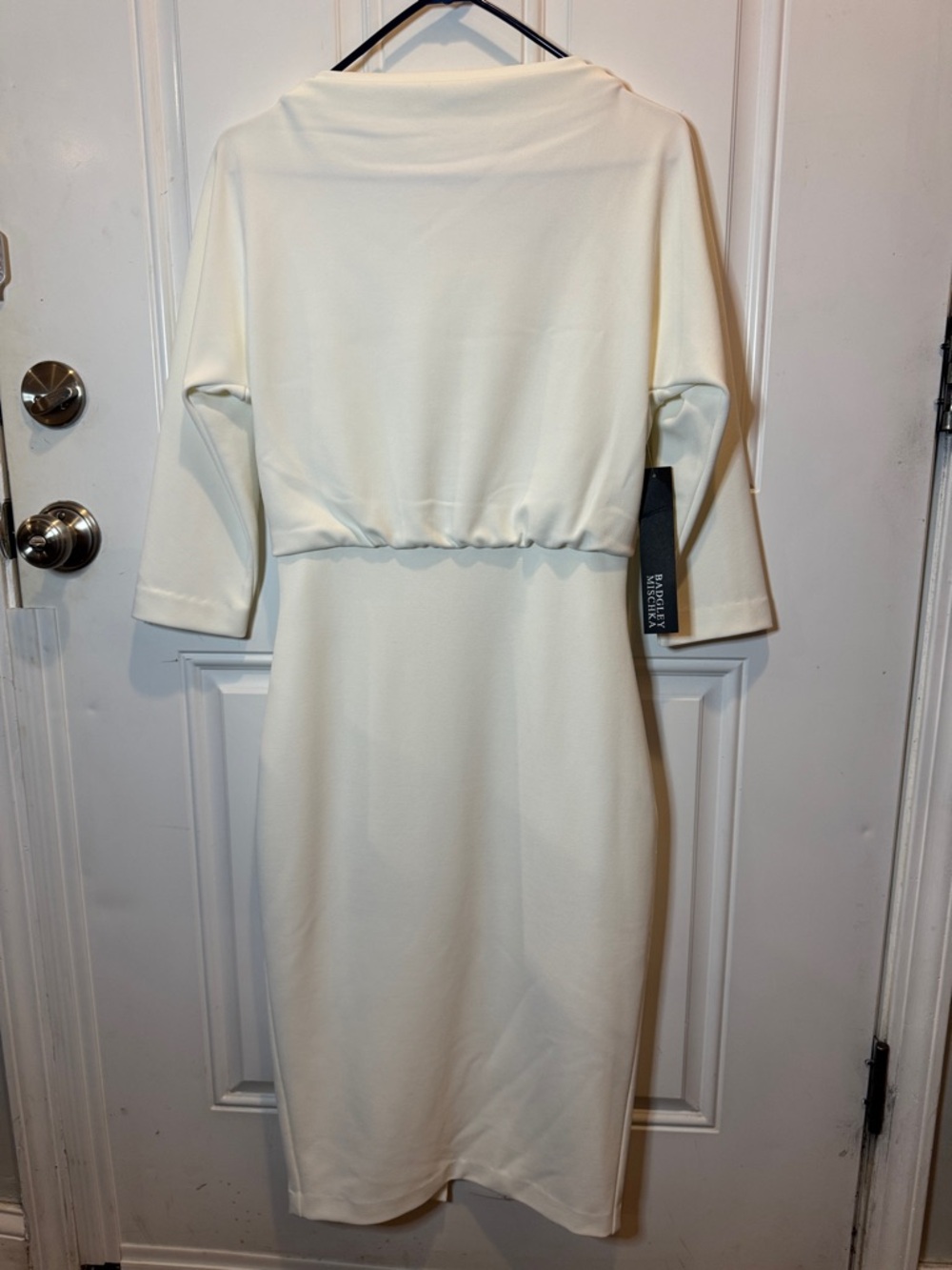 NWT Badgley Mischka Boat Neck Blouson Sheath Dress 3/4 Sleeve Midi Ivory $295.00 - Picture 4 of 12